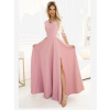 Numoco 309-13 AMBER elegantné dlhé krajkové šaty s výstrihom - púdrovo ružové