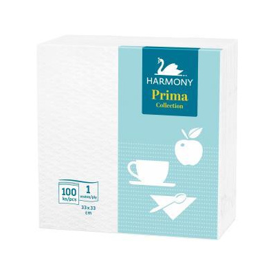 Papierové servítky 1-vrstvové HARMONY Prima 33x33cm biele 100 ks