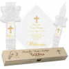 Súprava na krst s personalizovanou drevenou krabičkou, sviečka a šatka