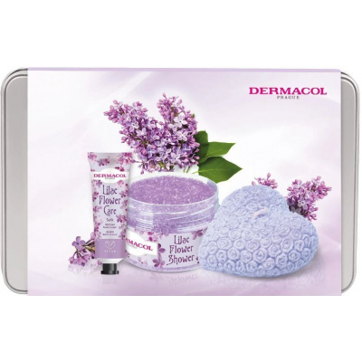 Darčeková sada Dermacol Flower Lilac Care (telový peeling 200 g, krém na ruky 30 ml, vonná sviečka 130 g)