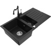 Mexen Matias žulový drez 1,5-komorový s odkvapkávačom a kuchynskou batériou Carla, čierny - 6502-77-670700-70
