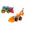 Teddies Traktor / nakladač / bager sa 2 lyžicami plast na voľný chod 2 farby v sieťke 16x35x16cm