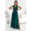 Numoco SUSAN Dlhé brokátové šaty s výstrihom a prešívaním v páse - zelené 490-3 Farba: Zelená, Veľkosť: M