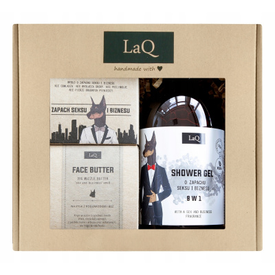LaQ Doberman osviežujúci sprchový gél 8 v 1 500 ml + hĺbkovo vyživujúce maslo na tvár 50 ml + tuhé mydlo 85 g darčeková sada