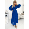 Numoco Dámske modré plisované maxi šaty s opaskom a dlhým rukávom Farba: Kráľovská modrá, Veľkosť: UNI