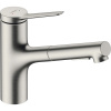 HANSGROHE Zesis M33 páková drezová batéria s vyťažiteľnou sprškou s prepínaním, 2jet, sBox, výška výtoku 146 mm, vzhľad nerezovej ocele, 74821800