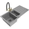 Mexen Andres žulový kuchynský drez 1,5-komorový s odkvapkávačom a kuchynskou batériou Duo, sivý - 6515-71-671701-57-B