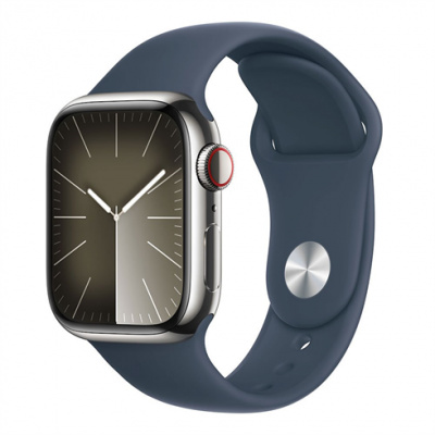 APPLE Watch SERIES 9 GPS + Cellular, 45mm Silver Stainless Steel Case with Storm Blue Sport Band - M/L (MRMP3QC/A)