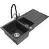 Mexen Andres granitový drez 1,5-komorový s odkvapkávačom a kuchynskou batériou Duo, čierny bodkovaný - 6515-76-671701-07
