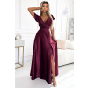 Numoco CRYSTAL saténové dlhé šaty s výstrihom - Vínová farba 411-10 Farba: Bordó, Veľkosť: L