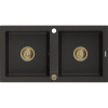 Mexen Mario, granitový drez 820x436x161 mm, 2-komorový, čierna-zlatá metalíza so zlatým sifónom, 6504822000-75-G