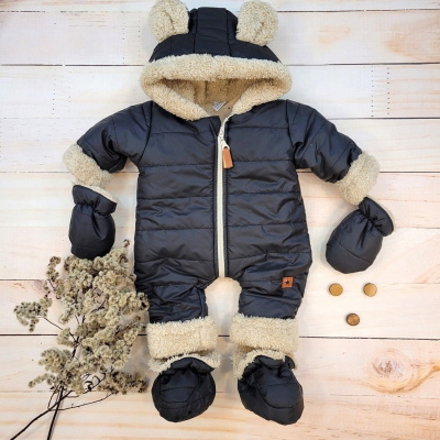Zimná prešívaná kombinéza s kožúškom a kapucňou + rukavičky + topánočky, Z&Z - čierna 62 (2-3m)