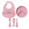 Detský silikónový set FreeON - ružový tanier, príbor a podbradník
