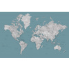 Mapa Teal and grey detailed watercolor world map with cities, Urian, Blursbyai, 40 × 26.7 cm
