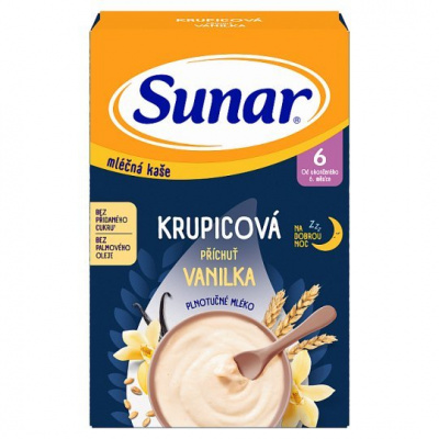 Sunar mliečna krupicová kaša na dobrú noc vanilková 210 g, vanilková