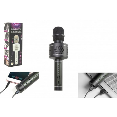Mikrofón karaoke Bluetooth strieborný na batérie s USB káblom