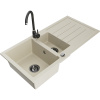 Mexen Andres, granitový drez 1000x500x200 mm, 1,5-komorový, béžová s čiernym sifónom a čierna drezová batéria Telma, 6515-69-670200-70