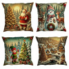 Warmu Sada vianočných obliečok – Santa, snehuliak a elf pri stromčeku v zimnej dedinke 40x40 cm (4 ks)
