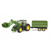 Bruder 3155 traktor John Deere 7R 350 s čelním nakladačem a tandemovým přepravním přívěsem