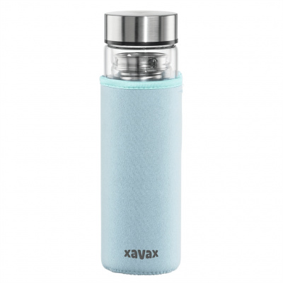 Xavax To Go sklenená fľaša na teplý/studený/sýtený nápoj, 450 ml, sitko, neoprénový obal