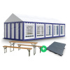 Záhradný Party stan 5x10m - PVC Standard + PIVNÉ SETY 10ks + PODLAHA 200ks farba Modrobiela