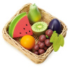 Leaf Toys Fruity Basket Tender drevený košík s ovocím s hroznom hruškou melónom a slivkou
