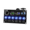 Panel so 6 spínačmi, USB PD, voltmetrom a CL zásuvkou – 12/24 V, IP66, 177 × 105 mm
