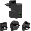 AlzaPower T200 Travel Charger černá (Univerzální síťová nabíječka 18 W s USB-A a rychlonabíjením QC 3.0, FCP, BC1.2. Výměnné vidlice (EU/UK/US/AU), Smart IC, 4Safe ochrany, PMIC dle MIL-HDBK-217F. Pro