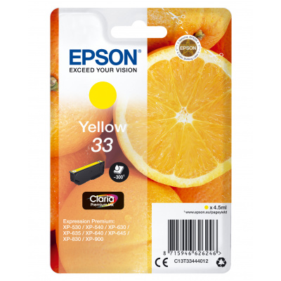 Epson Oranžová Singlepack Žltá 33 Claria Premium Ink - Originálny - Atrament na báze pigmentu - Žltý - Epson - - Expression Premium XP-900 - Expression Premium XP-830 - Expression Premium XP-645 - Exp