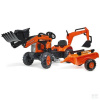 FALK šlapací traktor Kubota s čelním nakladačem, zadní lžící a přívěsem