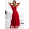 562-7 NASTIA Long dress with a neckline and short sleeves - red červená One size numoco basic 5903938290350