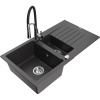 Mexen Matias granitový drez 1,5-komorový s odkvapkávačom a kuchynskou batériou Aster, čierny žíhaný - 6502-76-73450-07