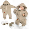 Baby Nellys Bavlnený oteplený overálok s kapucňou, rukavičky, topánky, 3D sada Nature - taupe, 56 (1-2m)