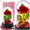 Večná Ruža v Sklenenej Kupole s LED Osvetlením, Červená s Lupeňmi Ruží, 14x8cm