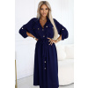 531-6 Midi Shirt Dress with Gold Buttons and Tie - Navy Blue modrá One size numoco basic 5903938289873