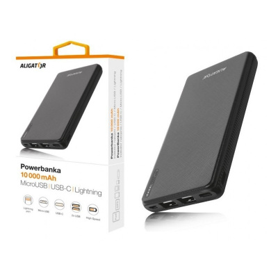 ALIGATOR PB1000, 10000mAh 3v1, micro/iPh/USB-C, černá PB1000BK