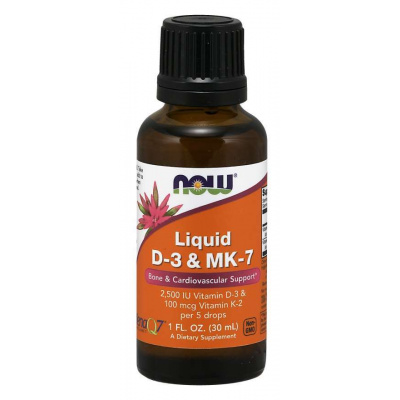 NOW® Foods NOW Tekutý vitamin D3 & vitamin K2 MK-7, 500 IU & 20 ug v 1 kapce, 30 ml, EXP. Expirace 10/2022