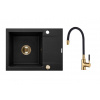 Granitový drez TESALIA krátky odkvap, čierny s automatickým sifónom, zlatý + batéria GLAMOUR, AZ-01-Z42-SET