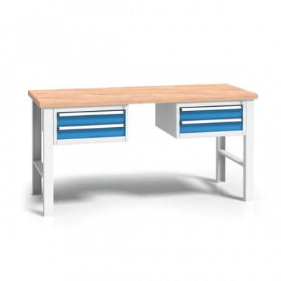 Výškovo nastaviteľný pracovný stôl do dielne WL s 2 závesnými boxami na náradie, buková škárovka, 4 zásuvky, 2000 x 685 x 840 - 1050 mm