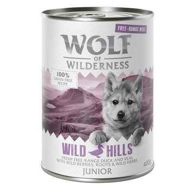 Wolf of Wilderness mokré a suché krmivo s mäsom z voľného chovu - JUNIOR Wild Hills - kačacie a teľacie (mokré krmivo, 6 x 400 g)