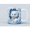 Efektný darček | Hrnček s 3d potlačou: mačiatko vykúkajúce z otvoru s modrým pozadím | 330 ml