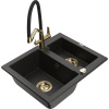 Mexen Carlos žulový kuchynský drez 1,5-komorový s kuchynskou batériou Duo, čierny/zlatý metalik - 6518-75-671701-57-G
