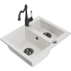 Mexen Carlos, granitový drez 582x475x177 mm, 1,5-komorový a drezová batéria Carla, biela, 6518-20-670700-70