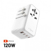 Adaptér FIXED Cestovné Voyager 120W pre EÚ, UK a USA/AUS, s 3xUSB-C a 1xUSB výstupom, GaN, PD 120W, biely