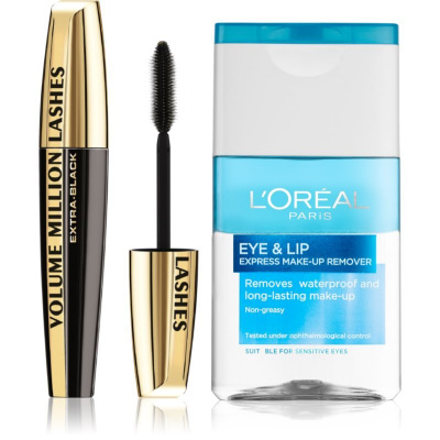 L’Oréal Paris Beauty Set Volume Million Lashes Black riasenka predlžuje a zhusťuje mihalnice 9 ml + Skin Perfection dvojfázový odličovač na očné okolie a pery 125 ml