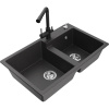 Mexen Tomas granitový kuchynský drez 2-komorový s kuchynskou batériou Duero, čierny s fľakmi - 6516-76-671600-70