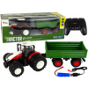 Lean Toys Červený traktor na diaľkové ovládanie so zelenou vlečkou 1:24