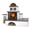 ABX Pegas, kachlová pec, ľavé prevedenie čierna/hnedá, biely rovný sokel s lavičkou a rímsami