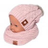 BABY NELLYS Zimná dvojvrstvová čiapka s brmbolcom + komínček Love, pudrová Baby Nellys