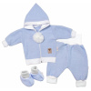 Baby Nellys 3-dielna súprava Hand made, pletený kabátik, kalhoty a topánočky, modrá 68 (3-6m)